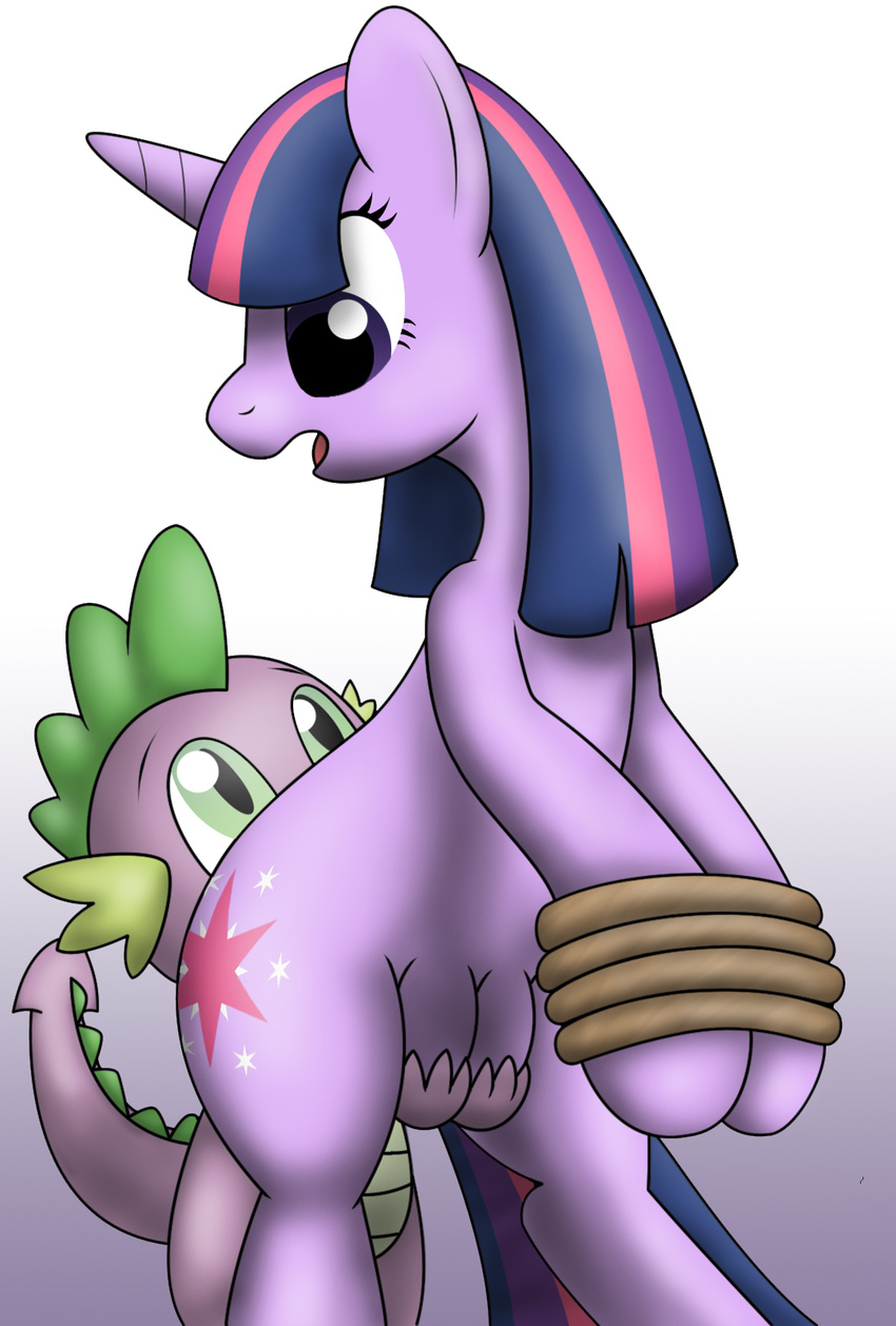 crotchboob dragon equine eyelashes female feral friendship_is_magic gradient_background green_eyes grope hair horn horse interspecies long_hair male mammal my_little_pony pink_stripe purple_body purple_eyes purple_hair rope scales scalie short_hair spike_(mlp) straight teats tongue twilight_sparkle_(mlp) unicorn young