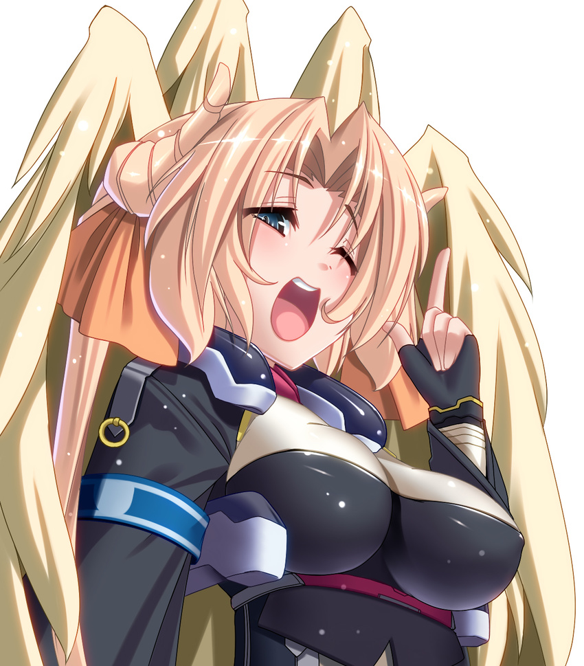 angel_wings blonde_hair blue_eyes breasts covered_nipples highres horns kyoukaisenjou_no_horizon large_breasts long_hair margot_knight one_eye_closed open_mouth pointing pointing_up simple_background solo takanashi-a upper_body wings