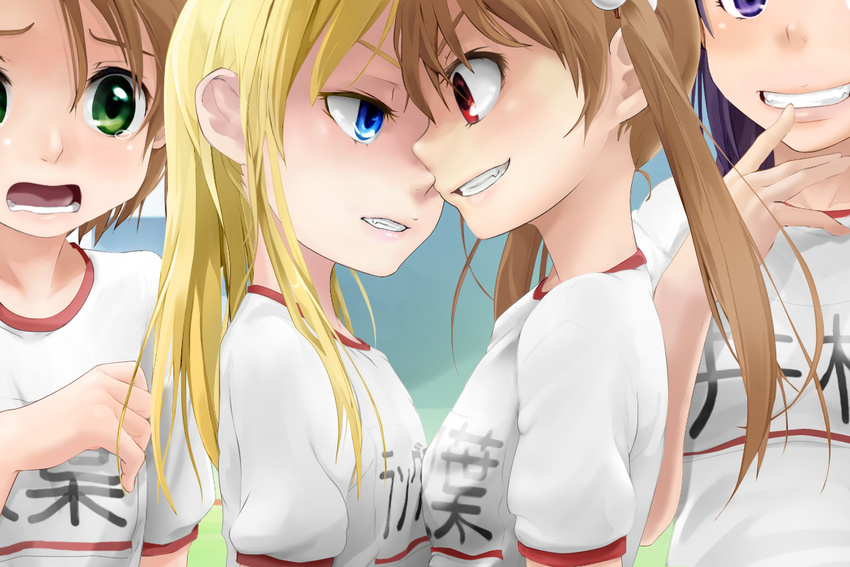 3girls angry bad_id bad_pixiv_id blonde_hair blue_eyes blush brother_and_sister brown_hair clenched_teeth commentary_request confrontation crossdressing eye_contact face-to-face green_eyes grin gym_uniform hair_ornament hairclip long_hair looking_at_another multiple_girls open_mouth original otoko_no_ko purple_eyes purple_hair red_eyes scared short_hair siblings smile tears teeth twintails yuki18r