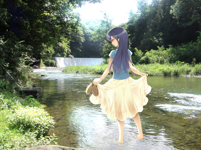 bad_id bad_pixiv_id blue_hair brown_eyes from_behind holding holding_shoes idolmaster idolmaster_(classic) kisaragi_chihaya komi_zumiko long_hair photo_background see-through shoes shoes_removed skirt skirt_hold solo wading water