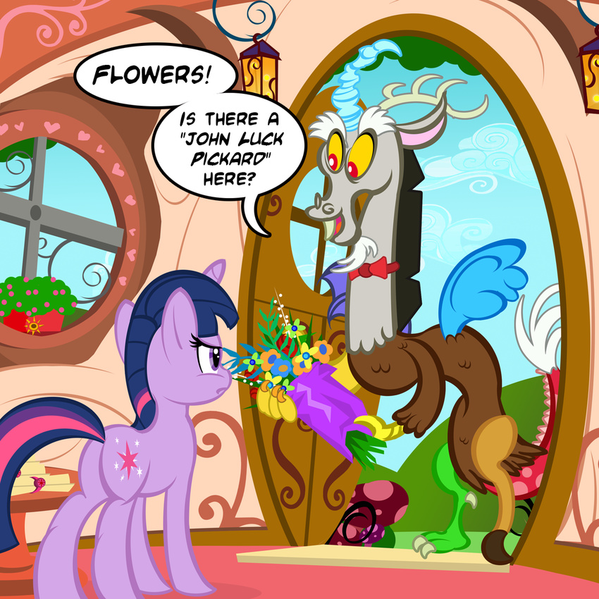 bow_tie dialog dialogue discord discord_(mlp) door draconequus equine female feral flower friendship_is_magic hair horn horse mammal multi-colored_hair my_little_pony pixelkitties pony purple_eyes red_eyes scroll text twilight_sparkle_(mlp) unicorn window