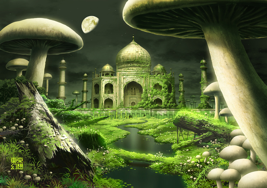 building circle_name cloud cloudy_sky commentary_request fantasy flower grass green landmark log moon mushroom night night_sky no_humans original outdoors overgrown post-apocalypse real_world_location river ruins scenery sky star_(sky) starry_sky taj_mahal tokyogenso