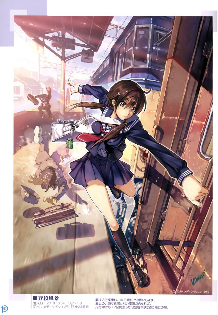 2boys absurdres bag balancing black_legwear brown_hair fallen_down food food_in_mouth ground_vehicle highres kneehighs late_for_school loafers long_hair mouth_hold multiple_boys original pleated_skirt running school_uniform serafuku shoes shoulder_bag skirt sunlight sweat toast toast_in_mouth train train_station twintails vania600