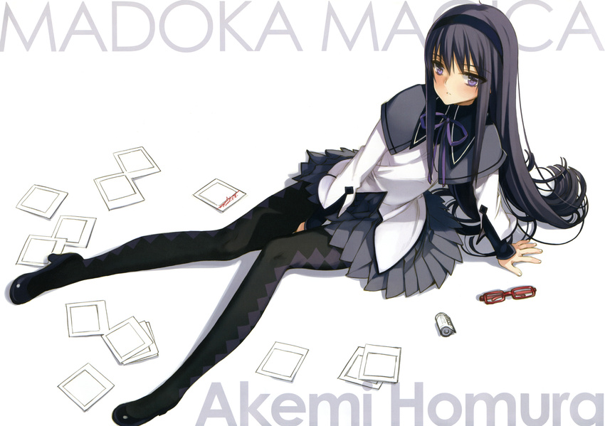 akemi_homura argyle argyle_legwear arm_support between_legs between_thighs black_hair black_legwear bow bowtie capelet doujinshi eyewear_removed film_cartridge full_body glasses hairband hand_between_legs high_heels highres legs long_hair long_sleeves mahou_shoujo_madoka_magica non-web_source on_floor ooyari_ashito pantyhose photo_(object) pleated_skirt purple_eyes red-framed_eyewear ribbon shoes sitting skirt solo