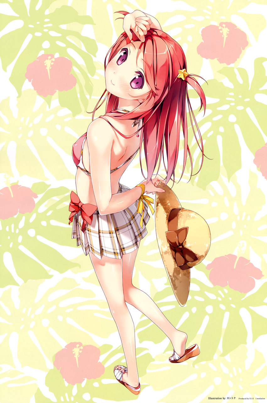 absurdres back bare_legs bare_shoulders bikini bikini_top blush breasts covered_nipples from_above hair_ornament hand_on_forehead hat highres kantoku kurumi_(kantoku) legs long_hair looking_back looking_up original pink_hair plaid plaid_skirt pleated_skirt purple_eyes ribbon sandals skirt small_breasts smile solo straw_hat swimsuit two_side_up