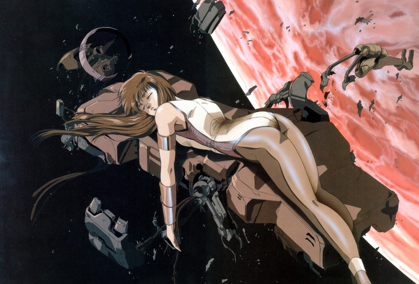 80s armlet bodysuit bracer brown_hair closed_eyes dangaiou hirano_toshihiro long_hair lying mia_alice official_art oldschool planet science_fiction solo space spoilers