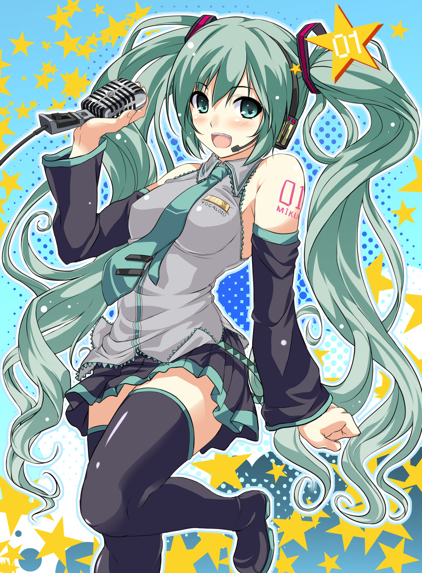 absurdres bare_shoulders boots detached_sleeves fang green_eyes green_hair hatsune_miku headset highres long_hair looking_at_viewer marushin_(denwa0214) microphone necktie open_mouth skirt smile solo star thigh_boots thighhighs twintails very_long_hair vocaloid zettai_ryouiki