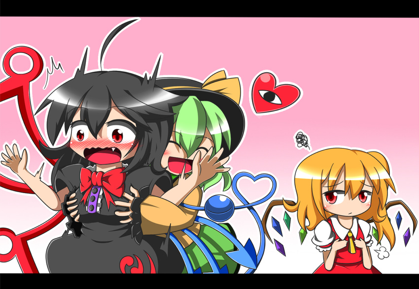 ahoge arms_up ascot asymmetrical_wings black_dress black_hair blonde_hair blush breast_envy breast_grab breasts chibi closed_eyes dress fang feiton flandre_scarlet grabbing green_hair hat heart heart_of_string houjuu_nue jealous komeiji_koishi letterboxed medium_breasts multiple_girls no_hat no_headwear open_mouth red_eyes shirt side_ponytail skirt smile stage_connection surprised surprised_arms third_eye touhou wavy_mouth wings