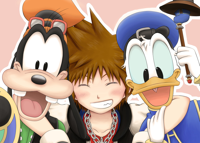 absurdres bad_id bad_pixiv_id brown_hair closed_eyes disney donald_duck furry goggles goofy hat highres jewelry kingdom_hearts kingdom_hearts_i male_focus multiple_boys necklace shield sora_(kingdom_hearts) staff yoshida-brothers