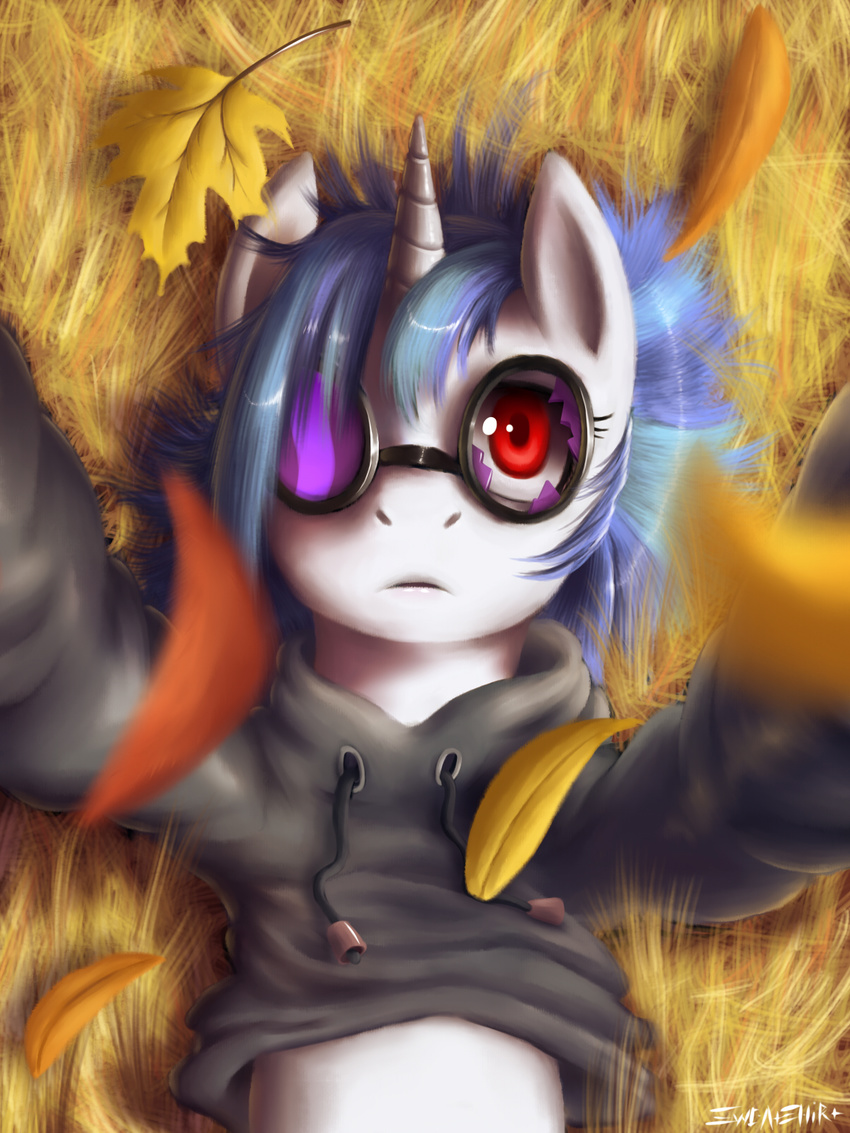 autumn blue_hair clothing equine fall female friendship_is_magic glasses grass hair hasbro hi_res hoodie horn horse leaves my_little_pony on_back pony red_eyes shirt solo sunglasses swaetshrit two_tone_hair unicorn vinyl_scratch_(mlp)