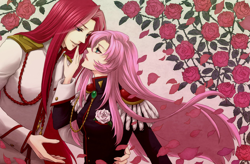 1girl 35_(sansansanko) aiguillette blue_eyes couple epaulettes eye_contact flower hetero highres hug kiryuu_touga lipstick long_hair looking_at_another makeup petals pink_hair pink_lipstick red_flower red_hair red_rose rose shoujo_kakumei_utena tenjou_utena thorns very_long_hair waist_hold white_flower white_rose