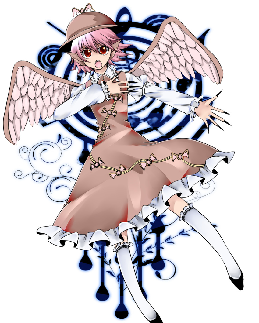 :o animal_ears bad_id bad_pixiv_id bobby_socks brown_dress claws dress fingernails frilled_dress frilled_sleeves frills hand_on_own_chest hat highres kneehighs long_fingernails long_sleeves music musical_note mystia_lorelei no_nose onjin0110 pink_hair red_eyes short_hair singing socks solo touhou wings