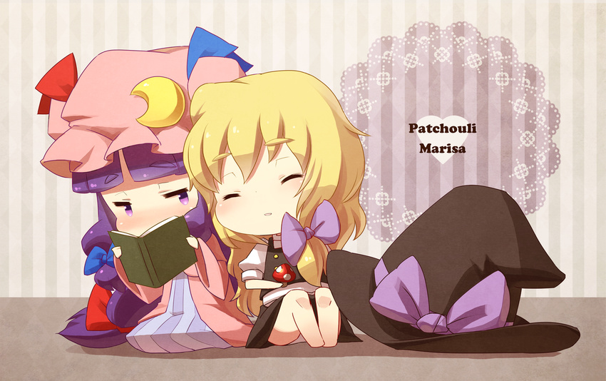 bangs blonde_hair blueberry_(5959) blunt_bangs blush book bow cheekbones chibi english eyebrows hair_bow hat hat_bow hat_removed headwear_removed highres jitome kirisame_marisa long_hair multiple_girls mushroom patchouli_knowledge purple_eyes purple_hair reading robe seiza sitting skirt sleeping text_focus touhou witch witch_hat yuri