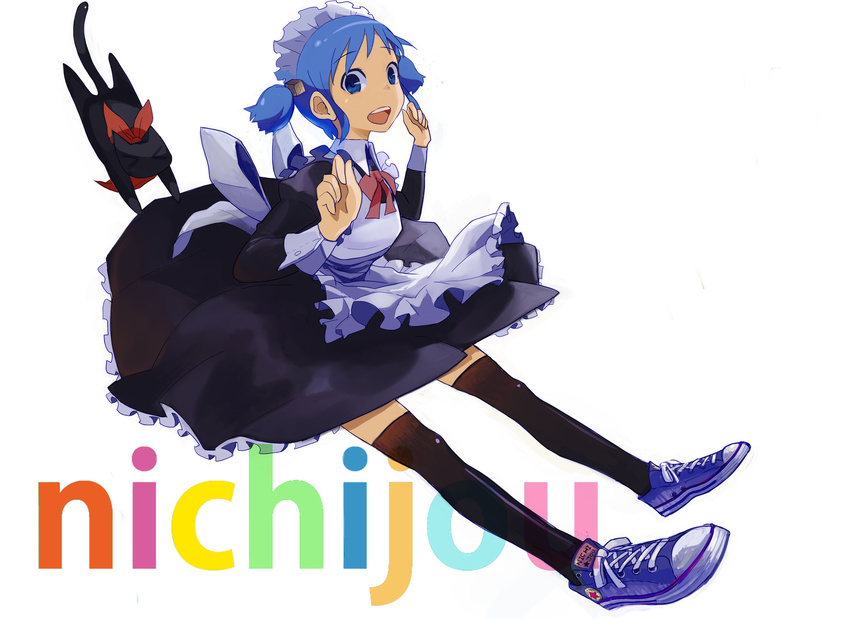 &gt;_&lt; alternate_costume animal apron black_cat black_legwear blue_eyes blue_hair bow cat closed_eyes copyright_name enmaided hair_cubes hair_ornament highres looking_at_viewer maid maid_headdress naganohara_mio nd nichijou open_mouth ribbon sakamoto_(nichijou) shoes simple_background sneakers text_focus thighhighs twintails