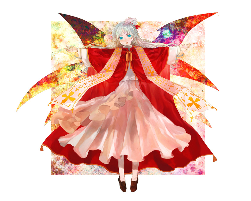 blue_eyes dress highres long_sleeves multiple_wings open_mouth outstretched_arms shawl shinki side_ponytail solo spread_arms touhou white_hair wings xero