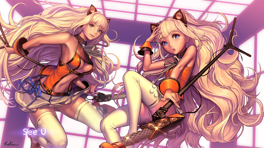 animal_ears bare_shoulders blonde_hair blue_eyes bracelet cat_ears center_opening dual_persona highres jewelry kakiman long_hair microphone microphone_stand multiple_girls older seeu skirt smile tan thighhighs very_long_hair vocaloid white_legwear younger zettai_ryouiki