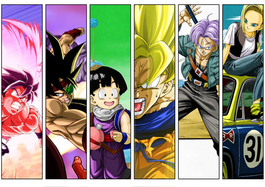 5boys android_18 angry bardock black_hair blonde_hair blue_eyes blue_hair bottle car character_request clenched_hand cloud column_lineup denim dragon_ball dragon_ball_z earrings green_eyes ground_vehicle headband jeans jewelry mcenroe motor_vehicle multiple_boys muscle namek necklace open_mouth outdoors pants scouter smile son_gohan son_gokuu super_saiyan sword teeth torn_clothes tree trunks_(dragon_ball) water_bottle weapon