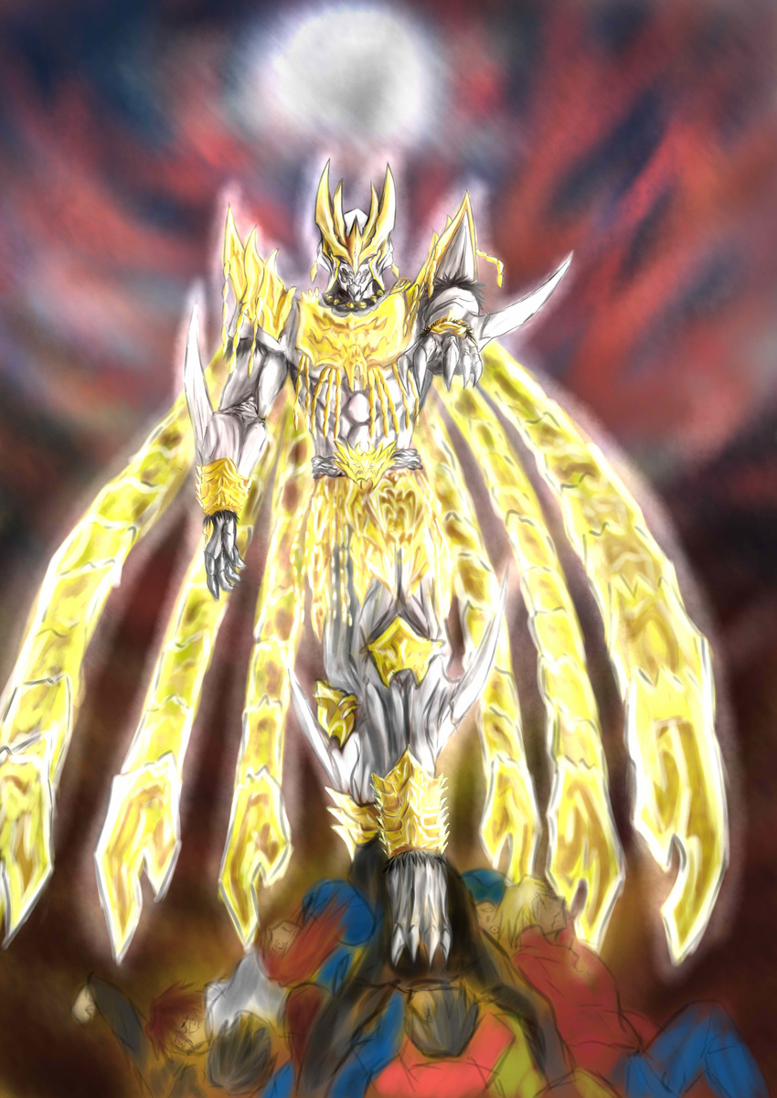 absurdres arm_blade belt claws glowing highres horns kamen_rider kamen_rider_kuuga_(series) male_focus monster moonlight n-daguva-zeba solo weapon