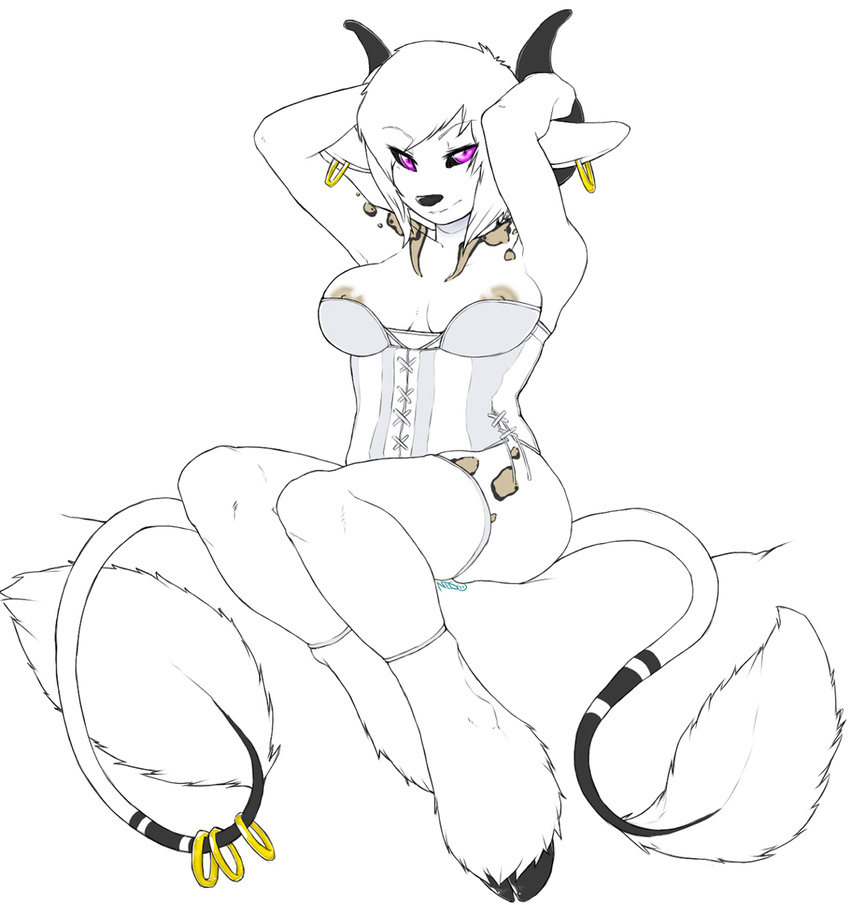 breasts caprica corset demon ear_piercing earring female goat hooves horn hybrid line_art looking_at_viewer markings multiple_tails niis nipples piercing pinup plain_background pose purple_eyes raised_arm simple_background sitting solo tail tauro