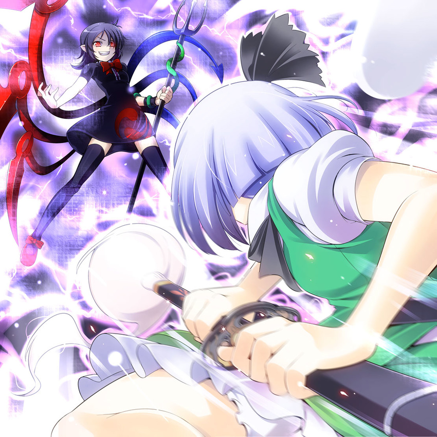 ahoge asymmetrical_wings black_hair black_legwear bow dress ghost grin hair_ribbon hairband hitodama houjuu_nue katana kiku_hitomoji konpaku_youmu konpaku_youmu_(ghost) multiple_girls pointy_ears red_eyes ribbon scabbard sheath sheathed short_hair silver_hair skirt smile sword thighhighs touhou weapon wings zettai_ryouiki