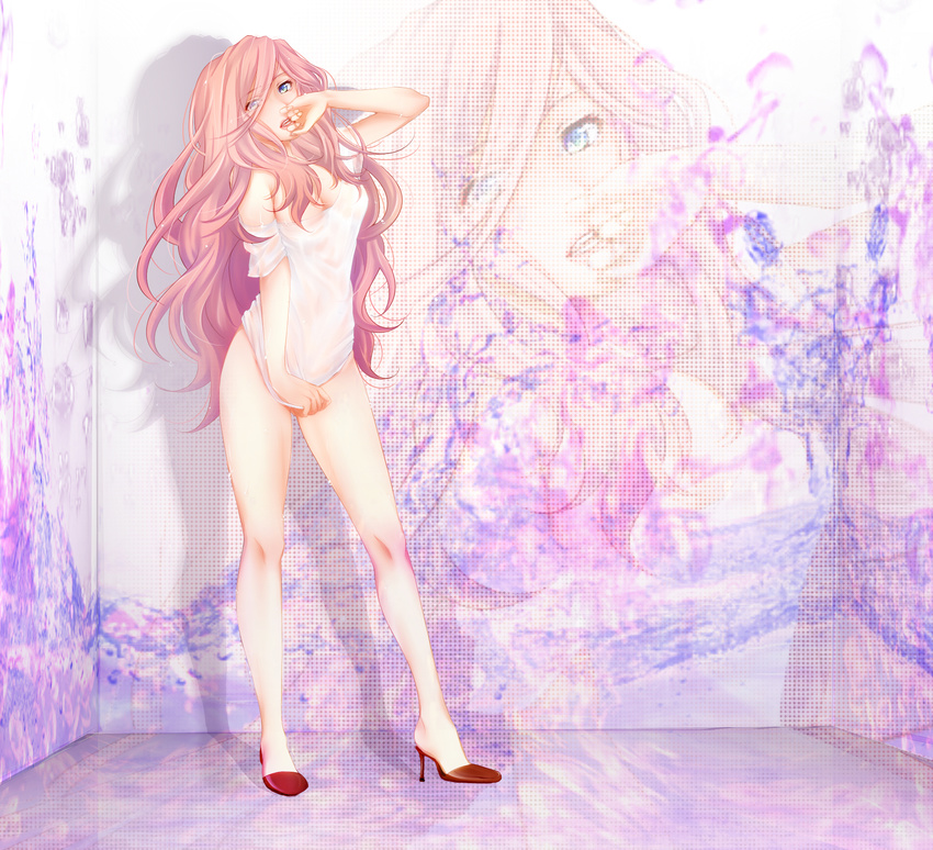 bad_id bad_pixiv_id blue_eyes breasts cleavage high_heels highres long_hair looking_at_viewer masami_chie medium_breasts megurine_luka parted_lips pink_hair pumps see-through shiny shiny_skin shoes solo vocaloid zoom_layer