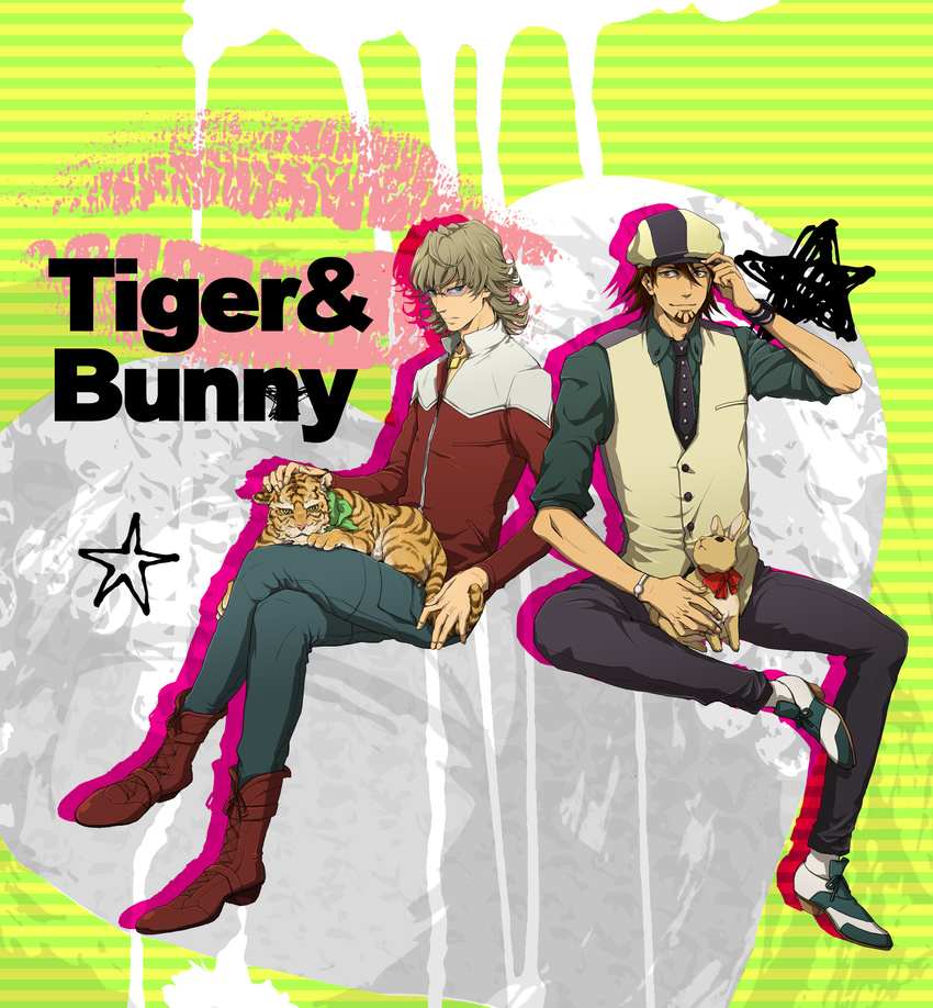 bad_id bad_pixiv_id barnaby_brooks_jr blonde_hair blue_eyes boots brown_eyes brown_hair bunny cabbie_hat chizuma facial_hair glasses hat highres jacket jewelry kaburagi_t_kotetsu male_focus multiple_boys necklace necktie petting red_jacket sitting stubble tiger tiger_&amp;_bunny vest waistcoat