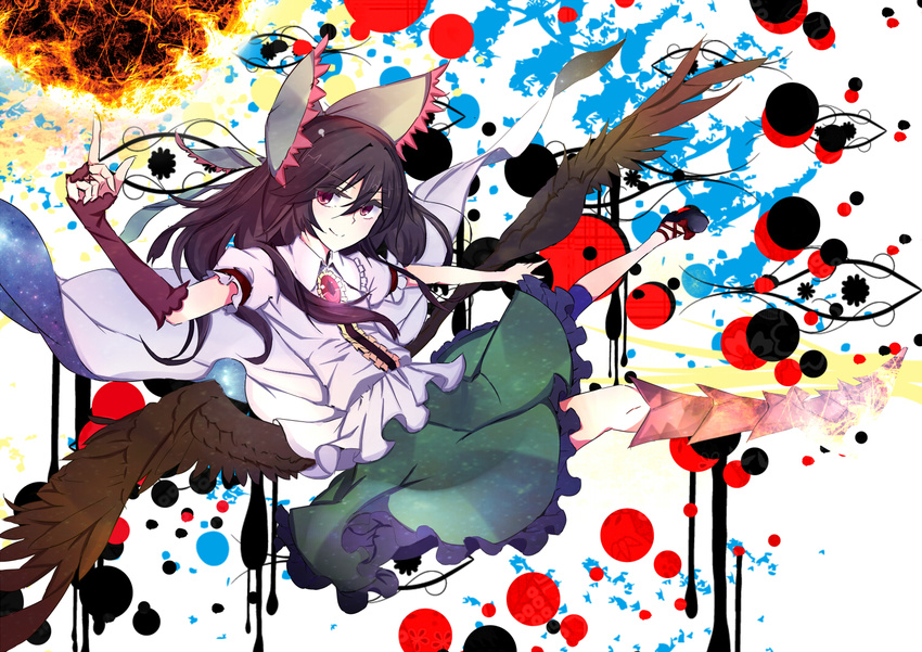 abstract benio_(dontsugel) black_hair blouse bow cape dots falling fire flare frills gloves leg_armor long_hair low_wings no_socks red_eyes reiuji_utsuho skirt smile solo touhou wings