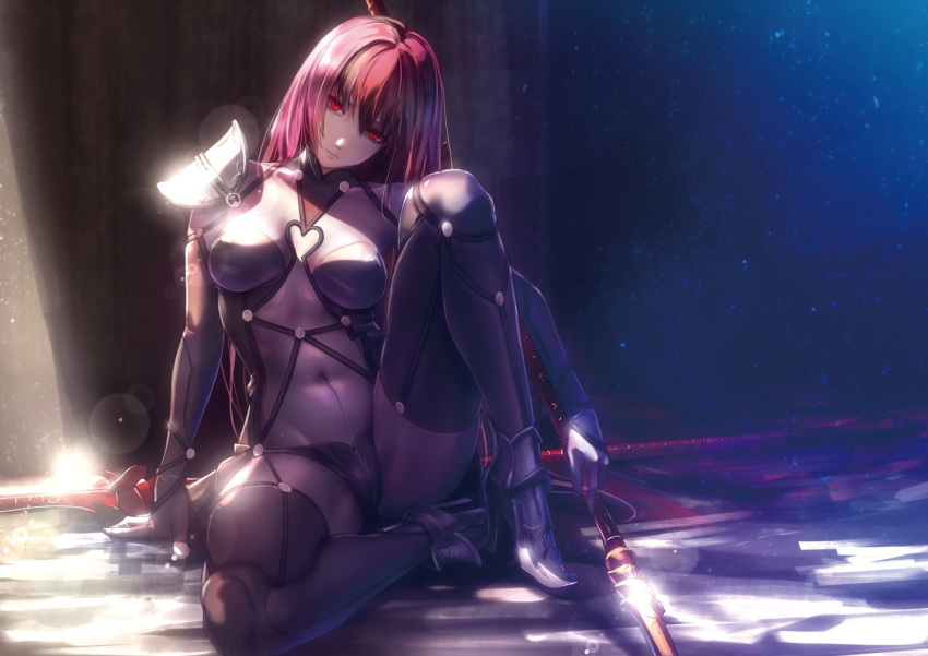 arm_support armored_boots bangs bodysuit boots breasts commentary_request covered_navel expressionless eyebrows_visible_through_hair fate_(series) gae_bolg glint hair_between_eyes head_tilt high_heel_boots high_heels holding knee_up large_breasts light light_particles long_hair looking_at_viewer navel nina_(ninageya) pauldrons polearm purple_bodysuit purple_hair red_eyes scathach_(fate)_(all) scathach_(fate/grand_order) shade sidelocks sitting solo spear tsurime very_long_hair weapon