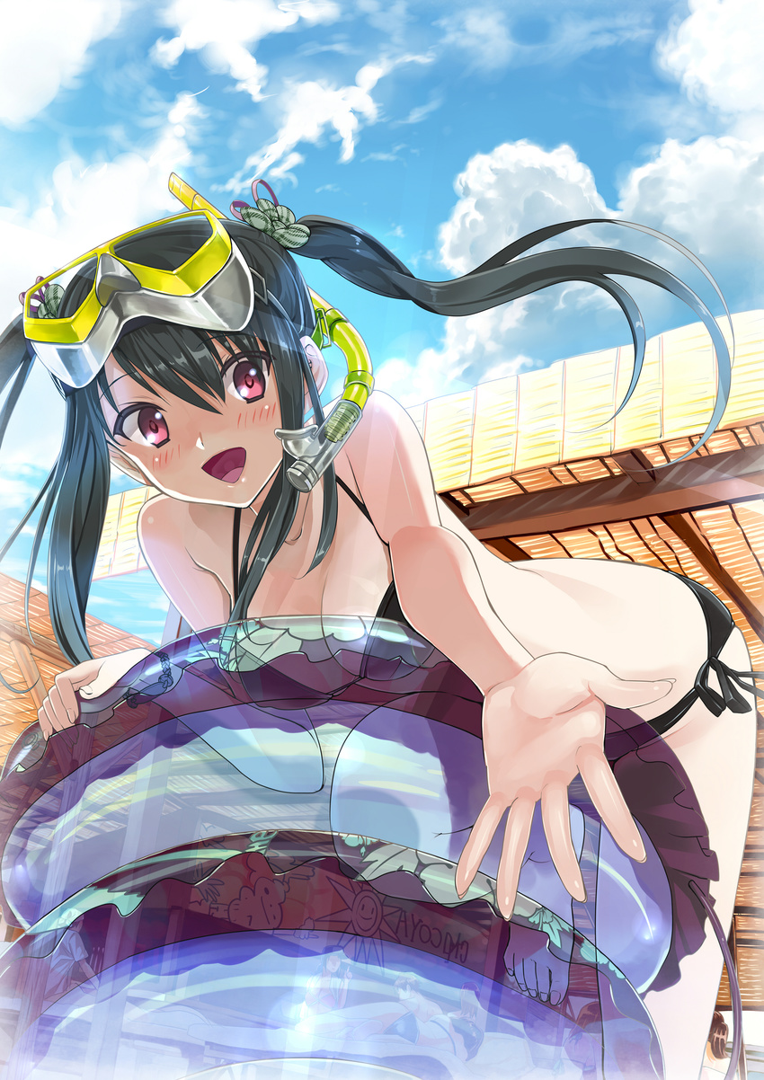 absurdres beckoning bent_over bikini black_hair blush breasts cleavage cloud day diving_mask from_below hands highres innertube long_hair matsui_hiroaki medium_breasts open_mouth original outstretched_arm outstretched_hand red_eyes side-tie_bikini sky smile snorkel solo swimsuit transparent twintails