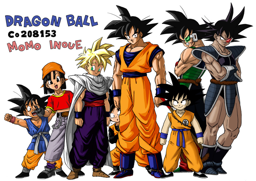 &gt;:) 6+boys :d angry armor bandana bardock black_eyes black_hair blonde_hair boots chain clenched_hand clenched_hands clenched_teeth copyright_name dragon_ball dragon_ball_(classic) dragon_ball_gt dragon_ball_z fingerless_gloves gloves green_eyes mcenroe monkey_tail multiple_boys multiple_persona muscle open_mouth pan_(dragon_ball) pole scouter shoes simple_background smile son_gohan son_gokuu son_goten spiked_hair super_saiyan tail teeth time_paradox tullece v v-shaped_eyebrows wristband