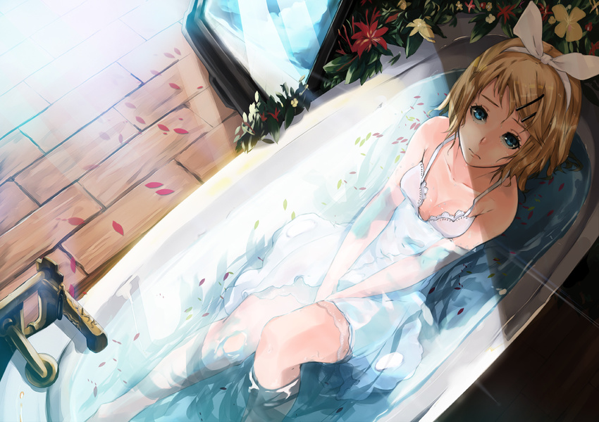 bare_legs bare_shoulders bathtub blonde_hair blue_eyes collarbone dress hair_ornament hair_ribbon hairband hairclip kagamine_rin looking_at_viewer looking_up mille_(dieci) partially_submerged petals ribbon shade sitting solo sundress v_arms vocaloid water wet wet_clothes