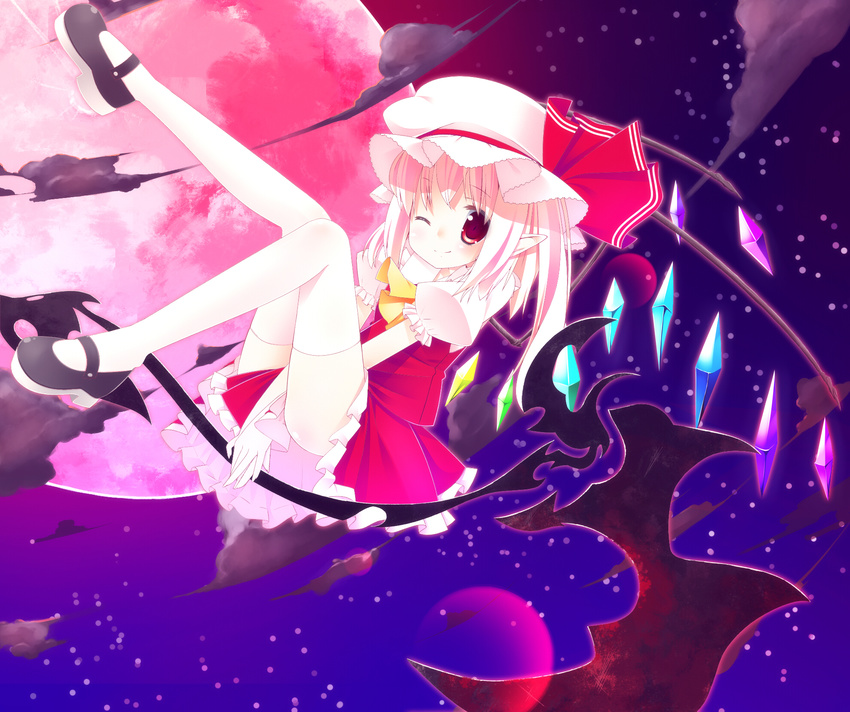blonde_hair flandre_scarlet full_moon hat highres mary_janes moon one_eye_closed red_eyes red_moon shoes side_ponytail solo thighhighs touhou white_legwear wings zefa_(neoaltemice)