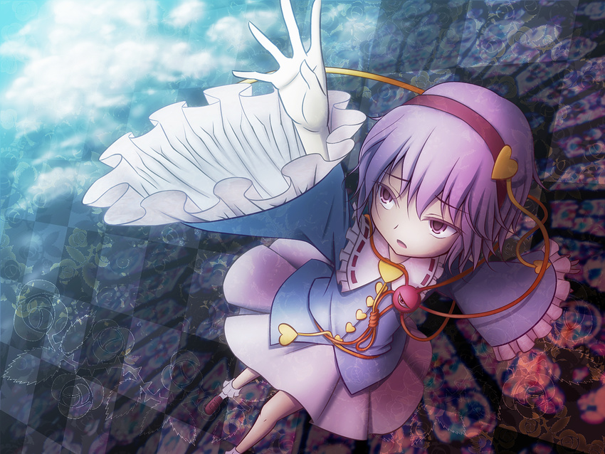 eyeball hairband heart irigoma_(jikabi_baisen) komeiji_satori outstretched_arm perspective pink_eyes pink_skirt purple_hair skirt solo third_eye touhou