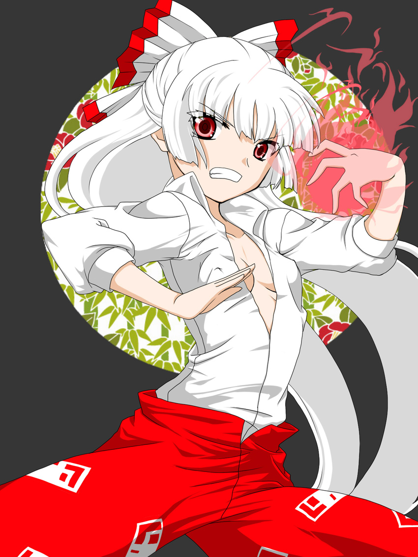 annoyed atmp1009 bow breasts clenched_teeth covered_nipples dress_shirt fire fujiwara_no_mokou hair_bow highres long_hair no_bra open_clothes open_shirt pants pose red_eyes shirt small_breasts solo teeth touhou unbuttoned white_hair white_shirt