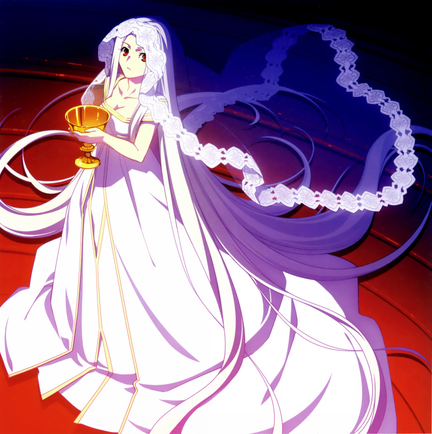 absurdly_long_hair absurdres bad_id bad_pixiv_id bare_arms breasts chalice cleavage closed_mouth collarbone dress fate/zero fate_(series) frown full_body highres holding irisviel_von_einzbern long_dress long_hair looking_at_viewer looking_up medium_breasts red_eyes see-through short_sleeves solo standing straight_hair takeuchi_takashi veil very_long_hair white_dress white_hair