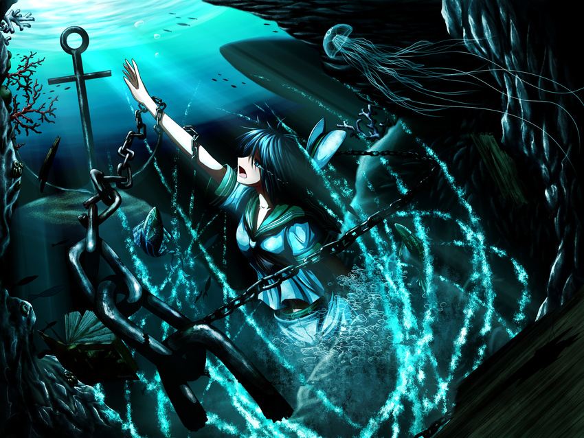 anchor aqua_eyes black_hair book bubble chain coral fish hat hat_removed headwear_removed highres jellyfish magic murasa_minamitsu sailor solo tears touhou ugume underwater water wood