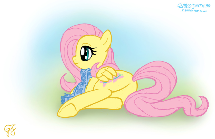 blue_clothing blue_eyes butt clothed clothing cute cutie_mark english_text equine female feral fluttershy_(mlp) friendship_is_magic fur glancojusticar green_eyes hair half-dressed horse looking_away lying mammal my_little_pony on_side pegasus pink_fur pink_hair pony scarf signature simple_background smile solo text toony wings yellow_fur