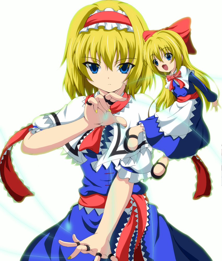 alice_margatroid blonde_hair blue_eyes bow capelet dr._cryptoso fang frills hair_bow hairband highres long_hair nail_polish open_mouth puppet_rings puppet_strings ribbon shanghai_doll short_hair smile solo tareme touhou tsurime yellow_nails