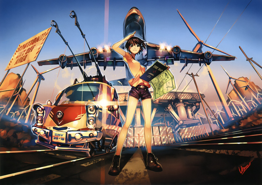 747_(airplane) absurdres aircraft airplane bare_legs boots brown_eyes brown_hair car ground_vehicle hair_ornament hairclip highres map motor_vehicle original railroad_tracks shirt short_hair short_shorts short_sleeves shorts smile solo t-shirt vania600 wind wind_turbine windmill