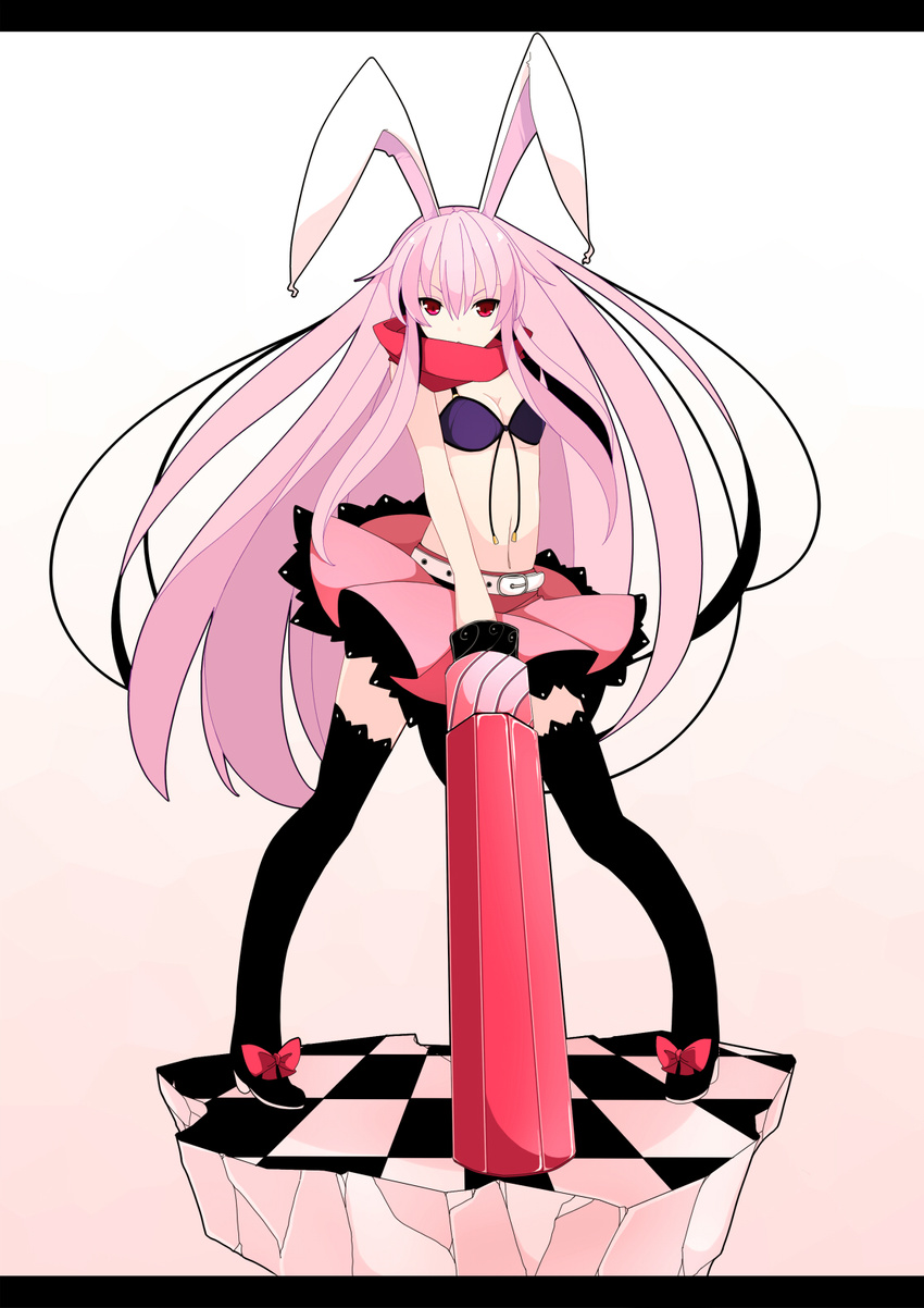 alternate_costume animal_ears arm_cannon belt bikini_top black_legwear boots breasts bunny_ears cannon checkered checkered_floor gradient gradient_background highres letterboxed long_hair medium_breasts meneru navel pigeon-toed pink_hair red_eyes reisen_udongein_inaba scarf skirt solo standing thigh_boots thighhighs touhou very_long_hair weapon zettai_ryouiki