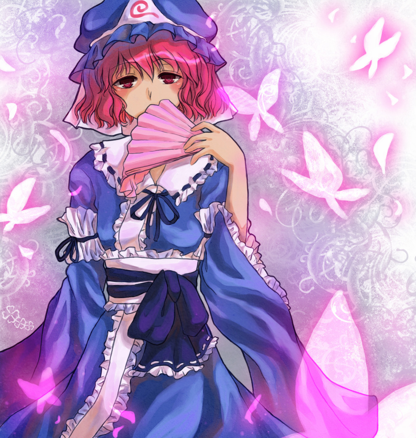 blush bow bug butterfly dress fan floral_background folding_fan ghost hat insect japanese_clothes li_luo pink_eyes pink_hair ribbon saigyouji_yuyuko short_hair solo touhou triangular_headpiece wide_sleeves