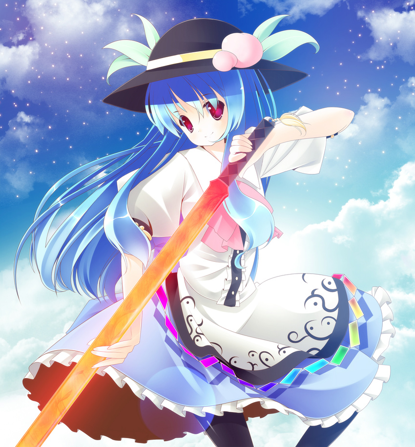 black_legwear blue_hair hat highres hinanawi_tenshi long_hair pantyhose red_eyes solo sword_of_hisou touhou zefa_(neoaltemice)