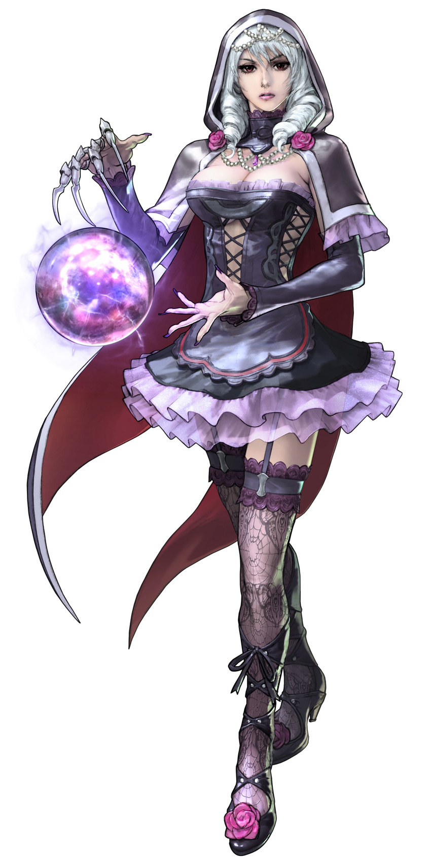 absurdres breasts bustier cape capelet choker claws cleavage detached_sleeves dress drill_hair fingernails flower garter_straps high_heels highres hood kawano_takuji large_breasts lingerie long_fingernails magic official_art pearl purple_flower purple_rose red_eyes rose shoes silver_hair skirt solo soulcalibur soulcalibur_v thighhighs underwear viola_(soulcalibur) weapon
