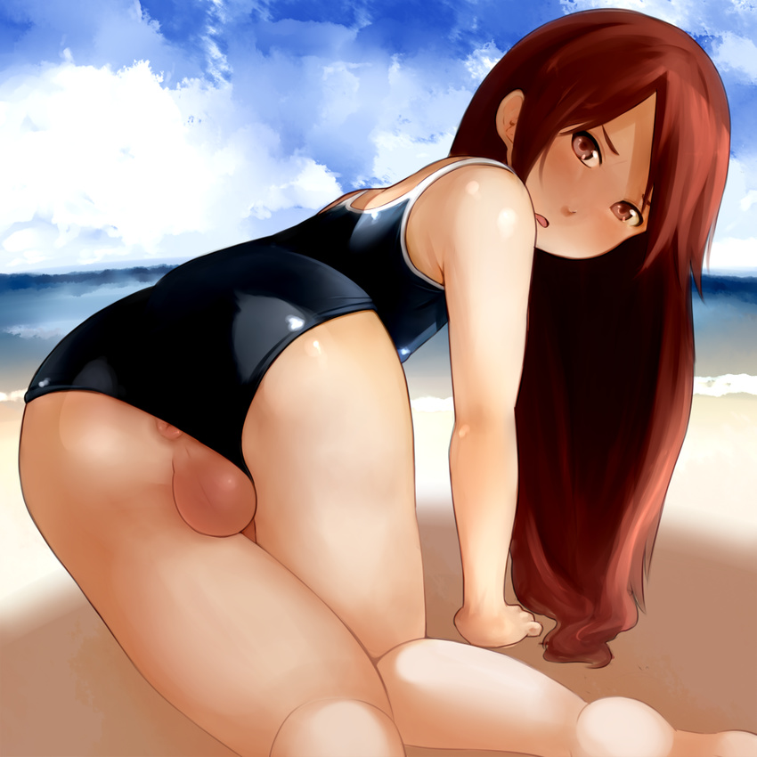 1boy all_fours androgynous anus ass beach blush crossdressing frown long_hair looking_back male male_focus one-piece_swimsuit open_mouth original red_eyes red_hair school_swimsuit solo swimsuit testicles the_words trap wachiwo