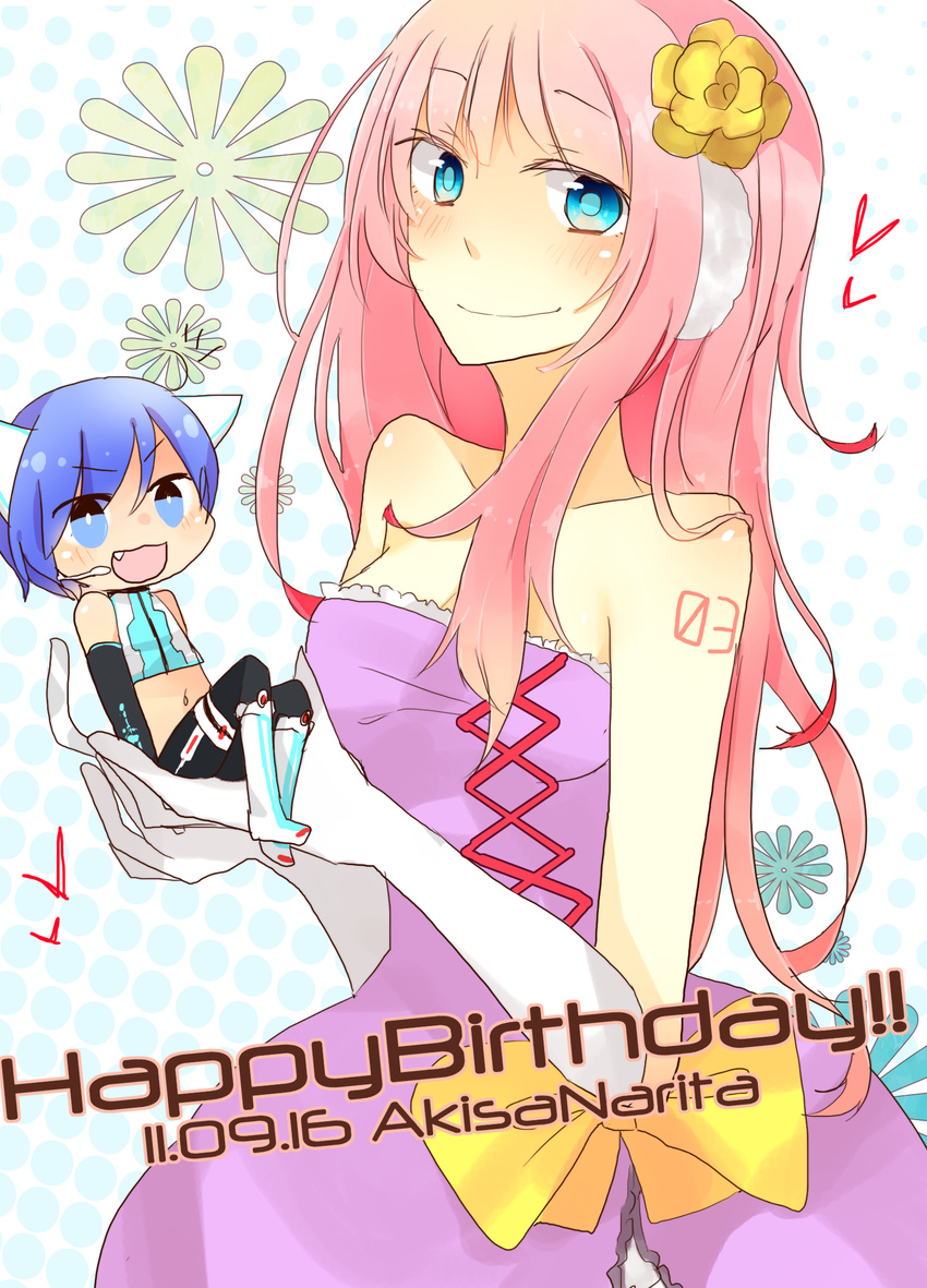 animal_ears bad_id bad_pixiv_id chibi dress flower gloves hair_flower hair_ornament headset highres kaito kawahara_chisato long_hair megurine_luka multiple_girls project_diva_(series) project_diva_2nd project_diva_extend sitting vocaloid