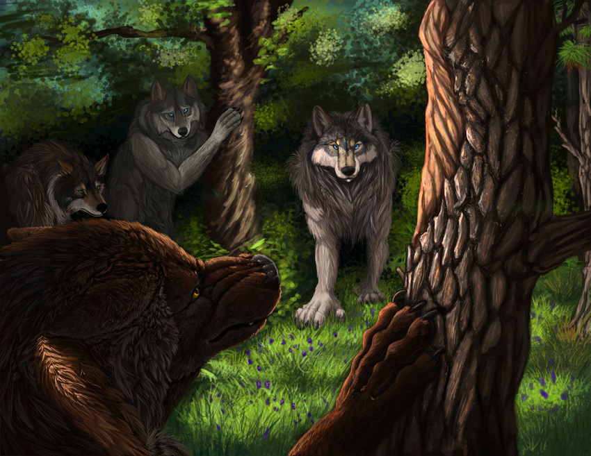 blue_eyes canine claws eye_contact feral flower forest grass group leaves looking_at_each_other male mammal nature scenery tidmatiger tree wolf wood