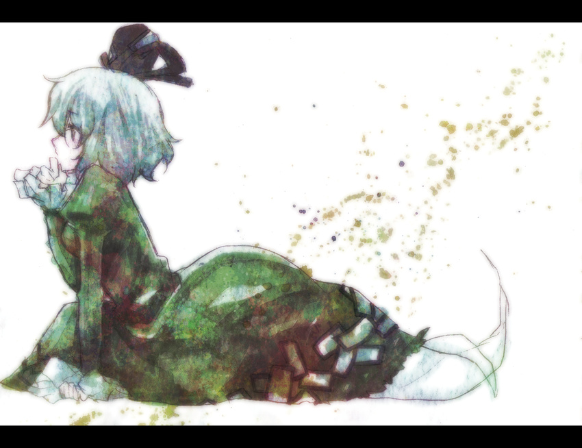 dress ghost ghost_tail green_dress grey_eyes hat ice_(aitsugai) letterboxed ofuda short_hair silver_hair soga_no_tojiko solo tate_eboshi touhou