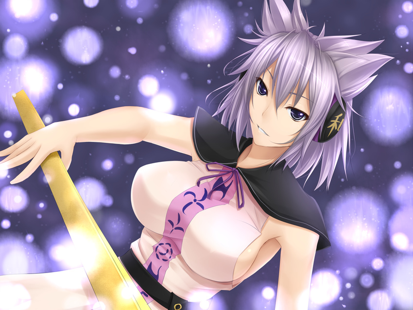 breasts headphones large_breasts purple_eyes purple_hair short_hair shuugetsu_karasu sideboob solo touhou toyosatomimi_no_miko