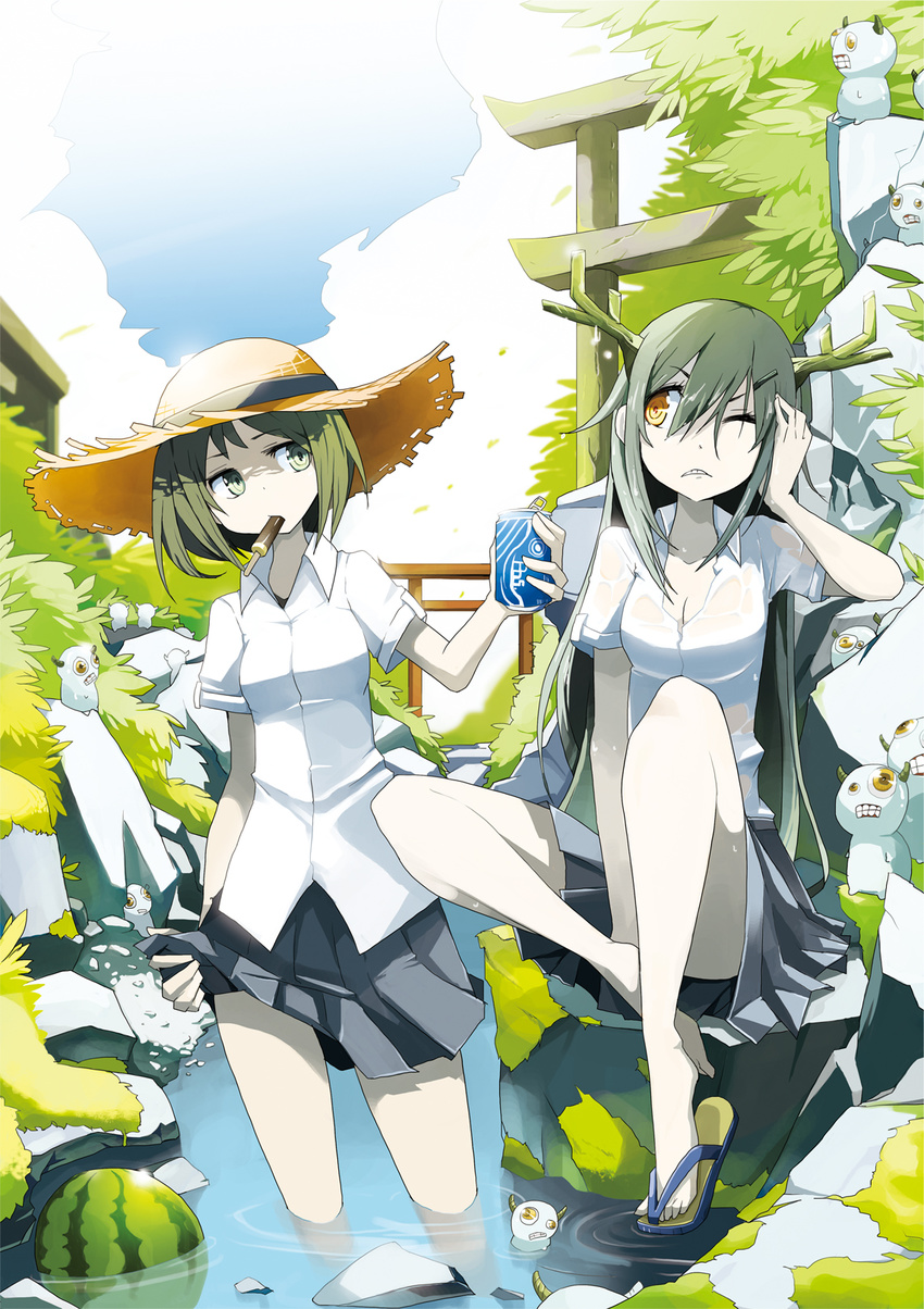 antlers bare_legs breasts brown_hair can cleavage cloud flip-flops food fruit green_eyes green_hair hat highres long_hair medium_breasts monster mouth_hold multiple_girls one_eye_closed orange_eyes original popsicle sandals shirt short_hair skirt sky stone_torii straw_hat tansuke torii wading water watermelon wet wet_clothes wet_shirt