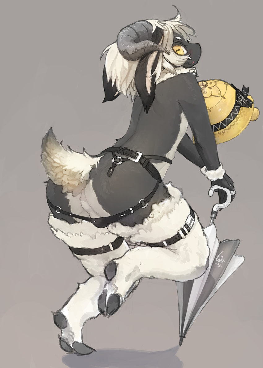 backless_panties bell blush bulge butt caprine girly goat hi_res hooves leather liki looking_at_viewer looking_back looking_over_shoulder male mammal plain_background pose simple_background solo standing trap umbrella yellow_eyes